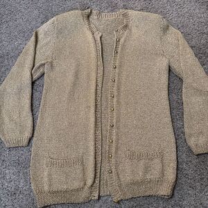 Womens Vintage 70s Handmade Knit Gold Metallic Open Front‎ Cardigan Festive Chic